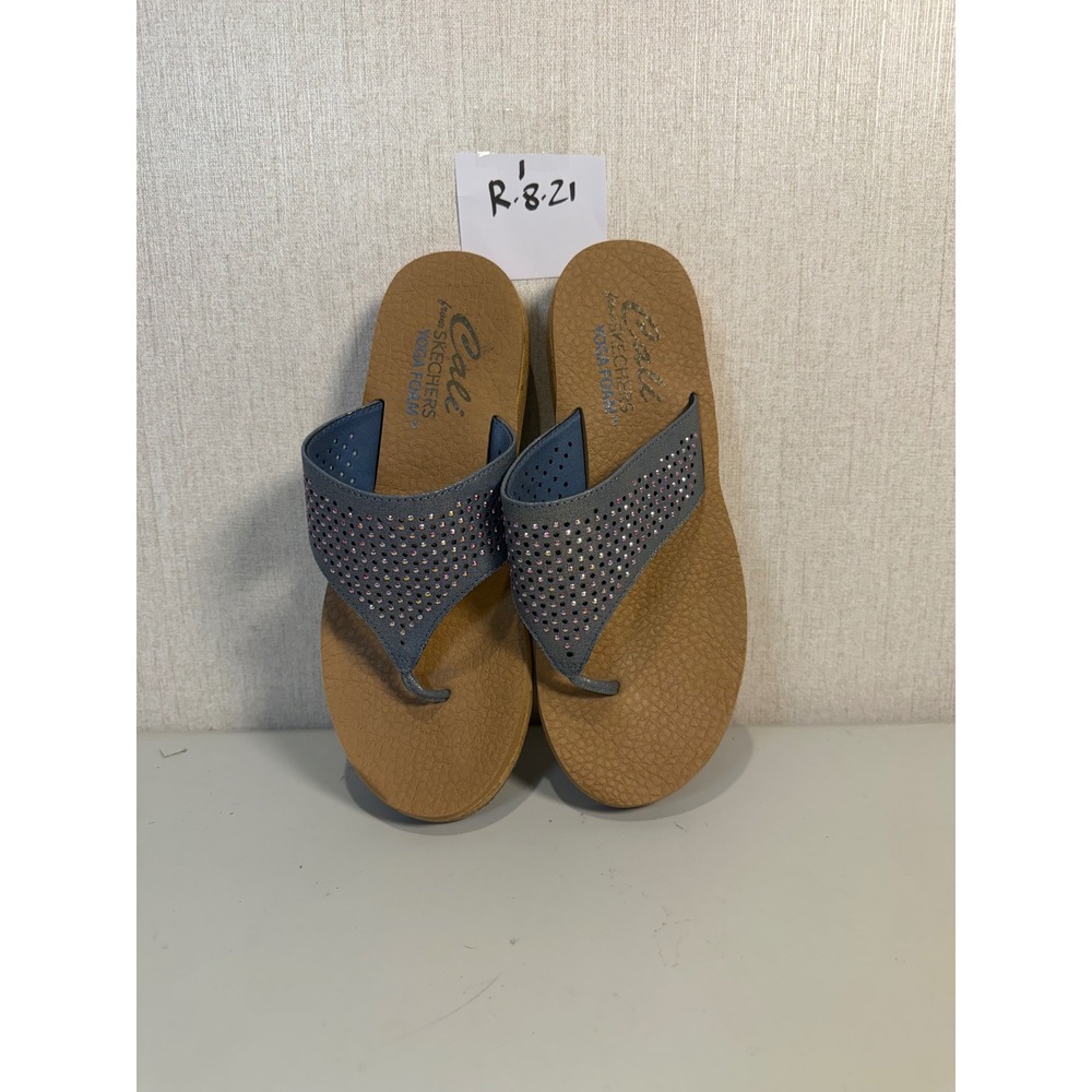 Skechers Yoga Foam Navy Blue Rhinestone Platform Flip Flop Sandals women size 11